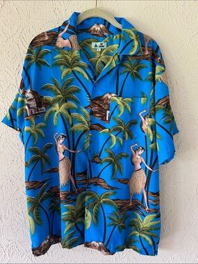 Tropical Blue Hawaiian Camp Shirt with Palm & Hula Print